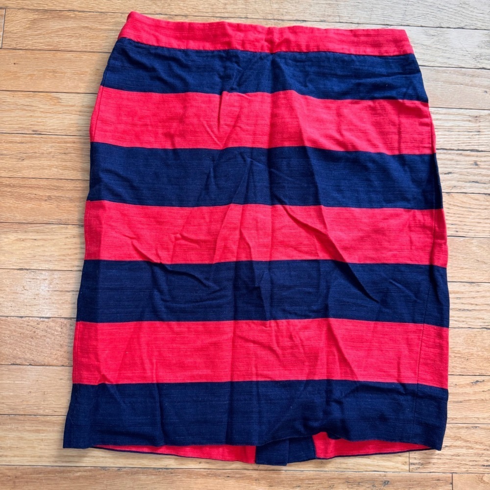 J.Crew The Pencil Skirt Navy Blue Red Striped Cotton Linen‎ Size 6